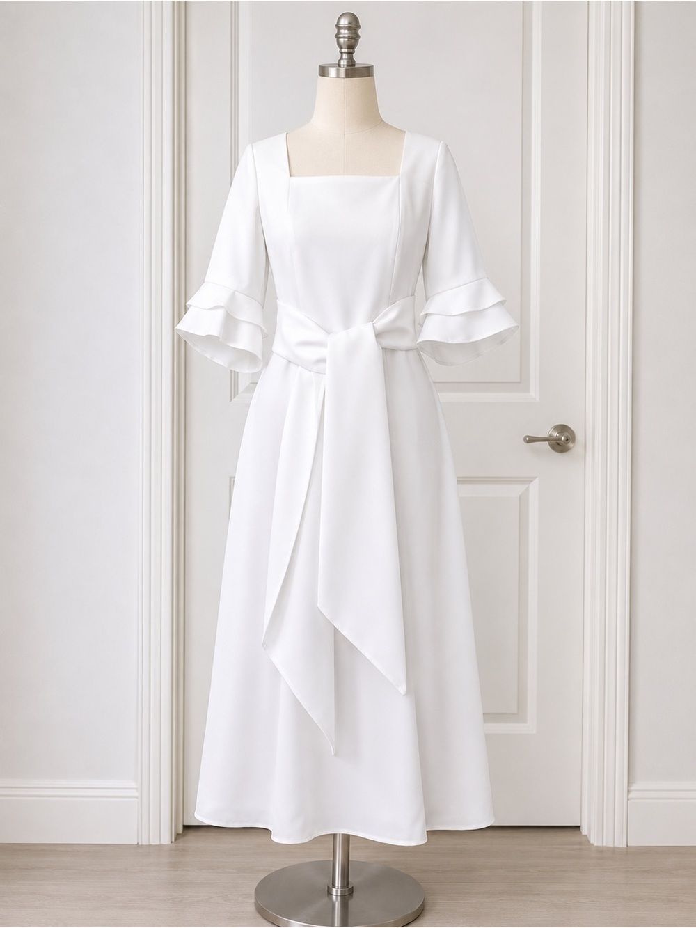 Giovanna Signature White Satin A-Line Midi Dress Ruffle Sleeve Size 8 NWT